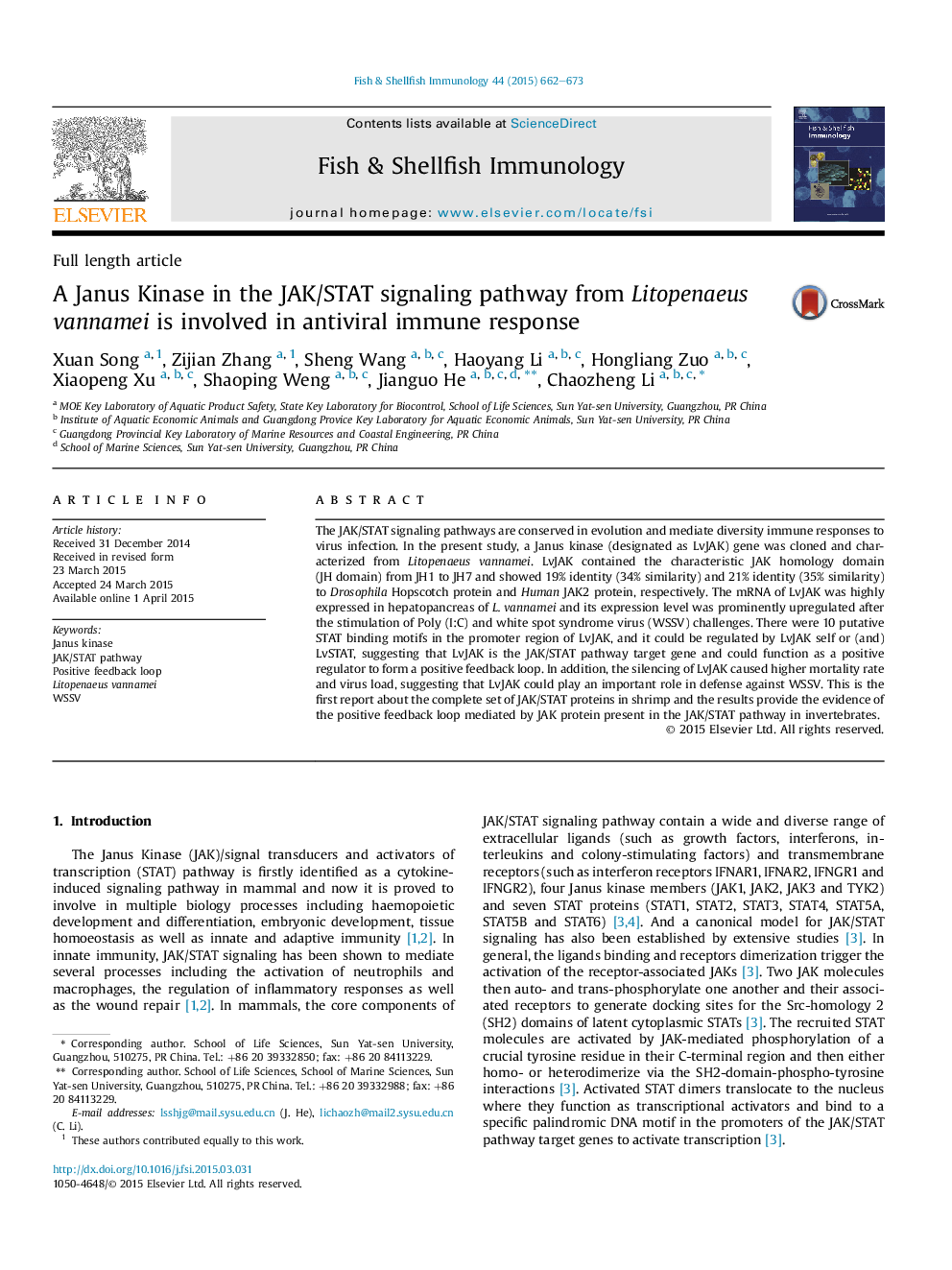 A Janus Kinase in the JAK/STAT signaling pathway from Litopenaeus vannamei is involved in antiviral immune response