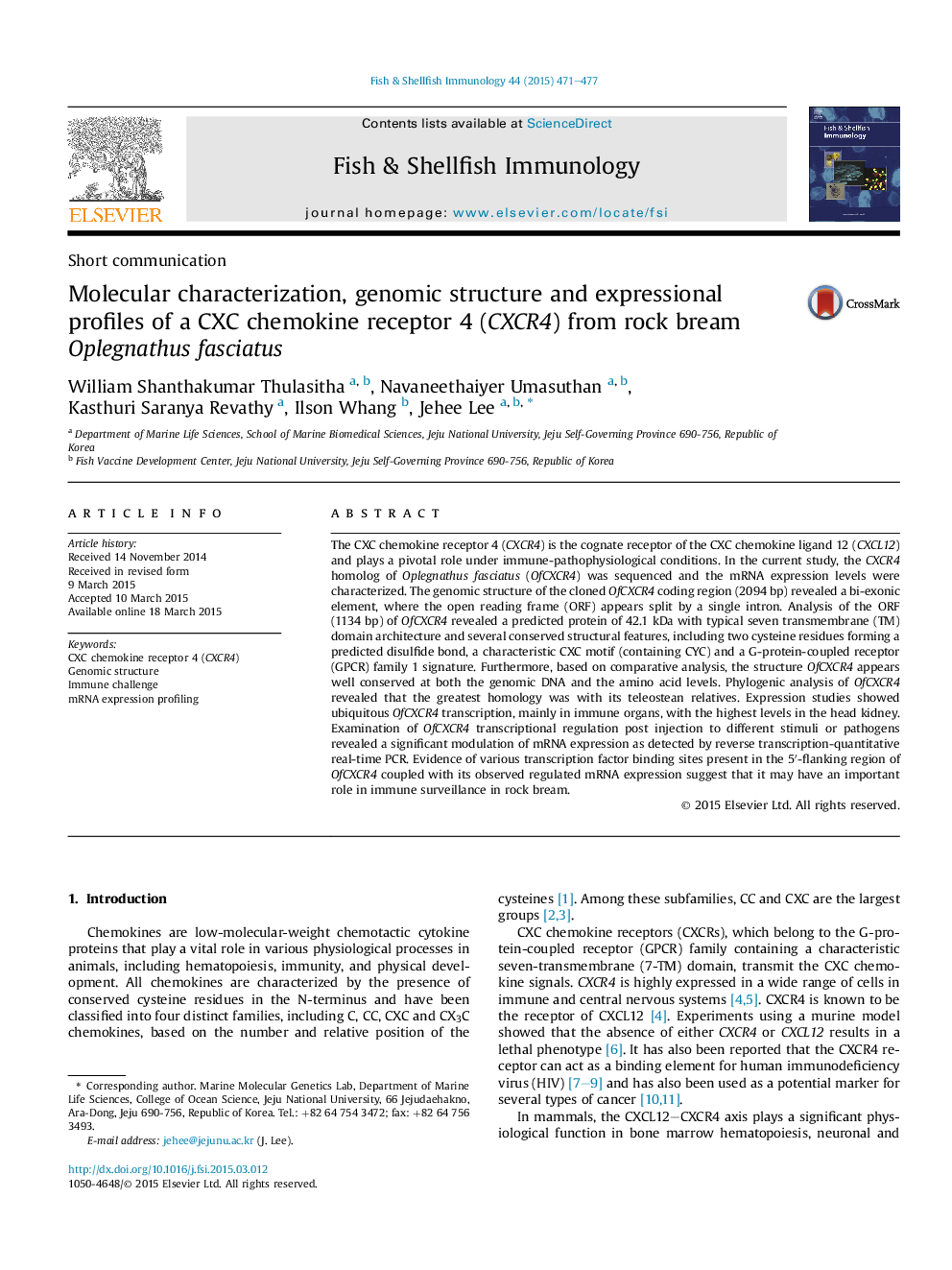 عکس صفحه اول مقاله: Molecular characterization, genomic structure and expressional profiles of a CXC chemokine receptor 4 (CXCR4) from rock bream Oplegnathus fasciatus Molecular characterization, genomic structure and expressional profiles of a CXC chemokine receptor 4 (CXCR4) from rock bream Oplegnathus fasciatus