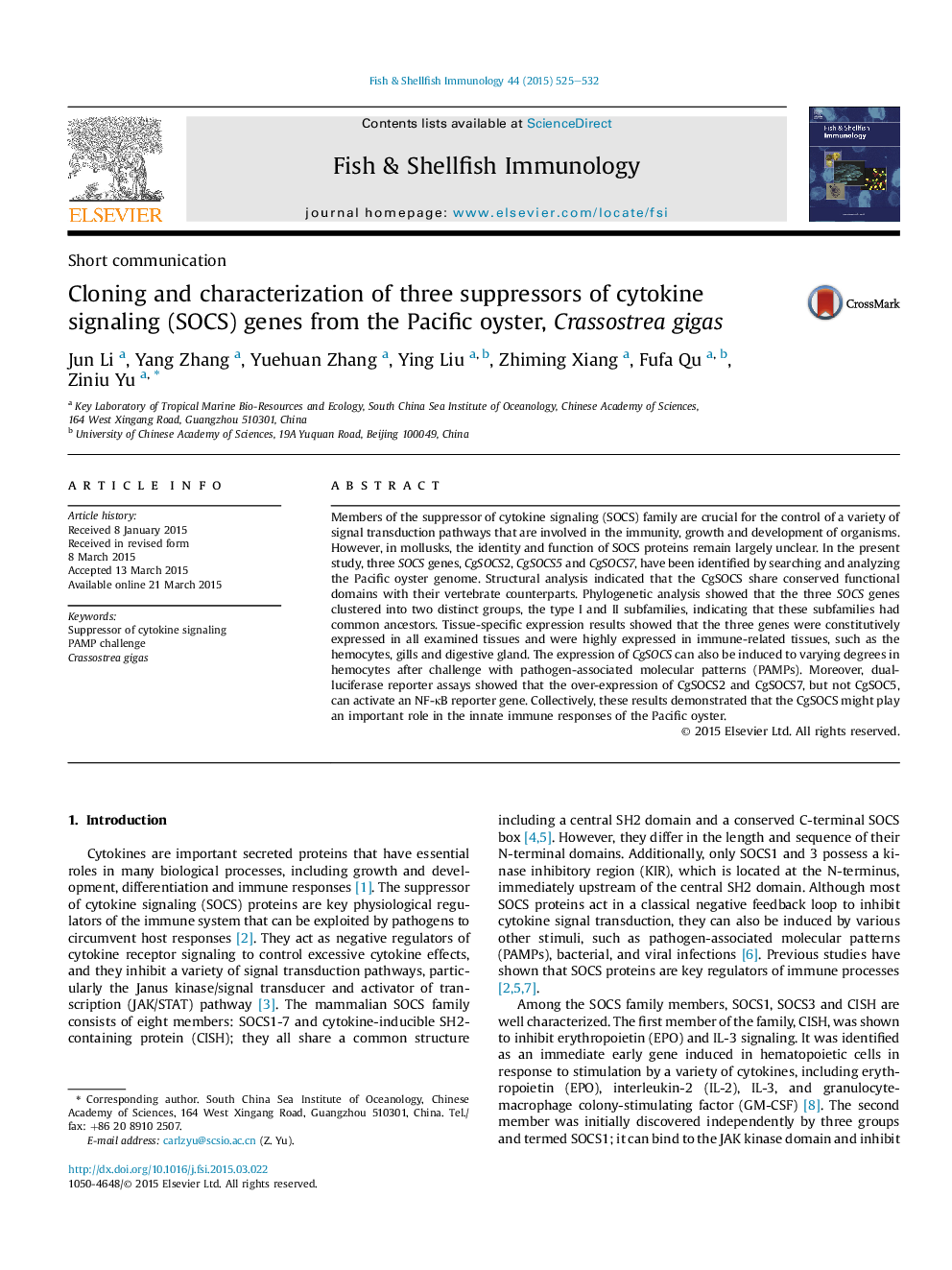 Cloning and characterization of three suppressors of cytokine signaling (SOCS) genes from the Pacific oyster, Crassostrea gigas