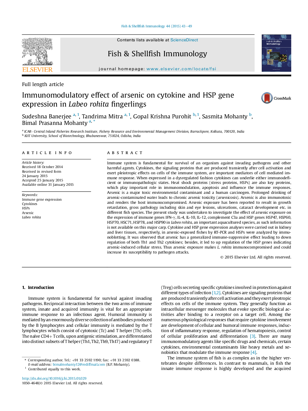 Immunomodulatory effect of arsenic on cytokine and HSP gene expression in Labeo rohita fingerlings