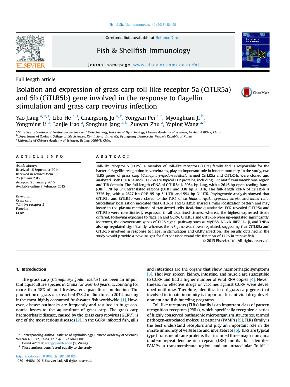 Isolation and expression of grass carp toll-like receptor 5a (CiTLR5a) and 5b (CiTLR5b) gene involved in the response to flagellin stimulation and grass carp reovirus infection