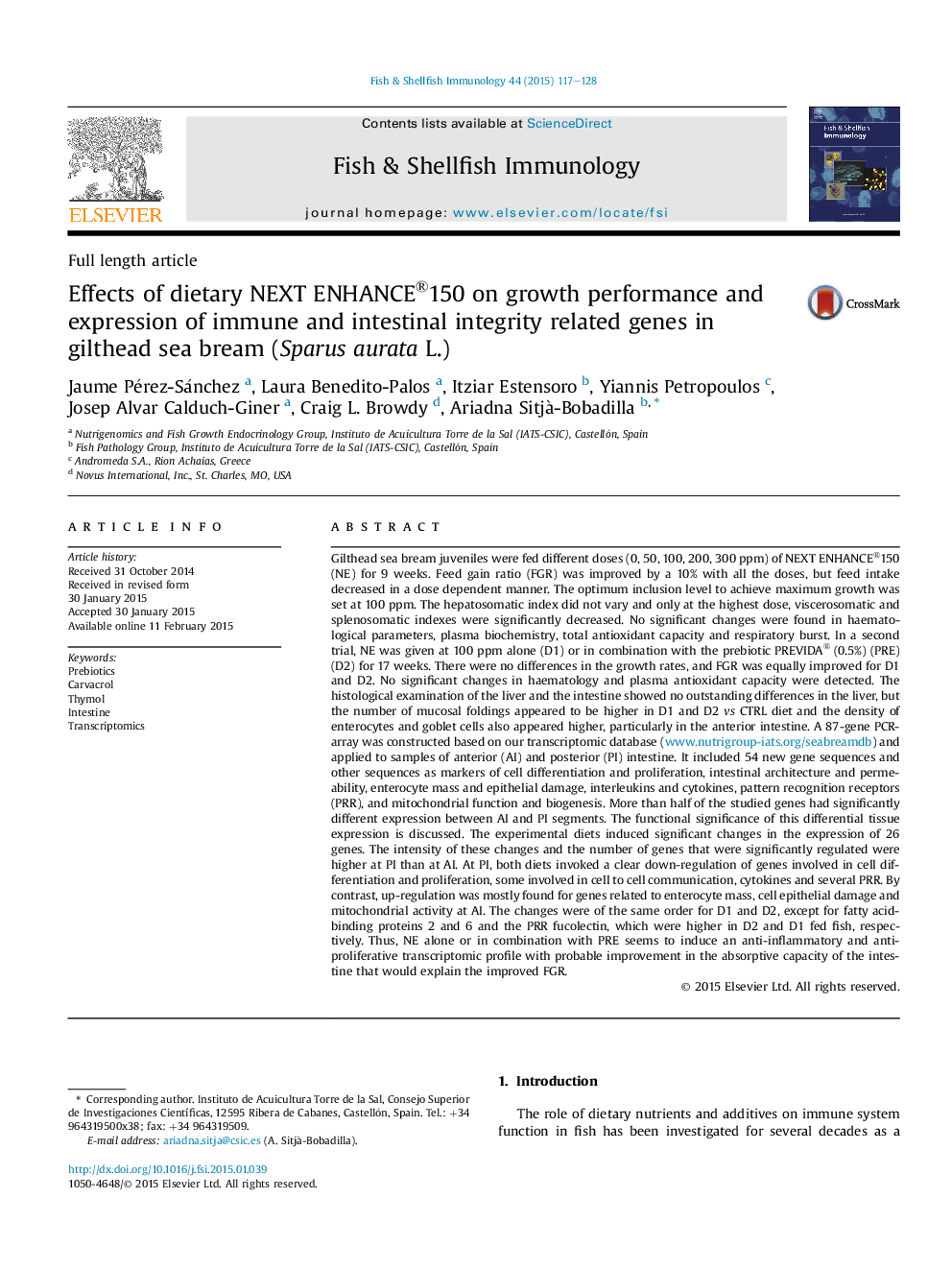 Effects of dietary NEXT ENHANCE®150 on growth performance and expression of immune and intestinal integrity related genes in gilthead sea bream (Sparus aurata L.)