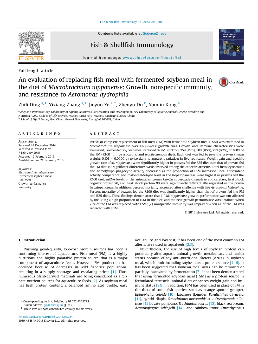 An evaluation of replacing fish meal with fermented soybean meal in the diet of Macrobrachium nipponense: Growth, nonspecific immunity, and resistance to Aeromonas hydrophila