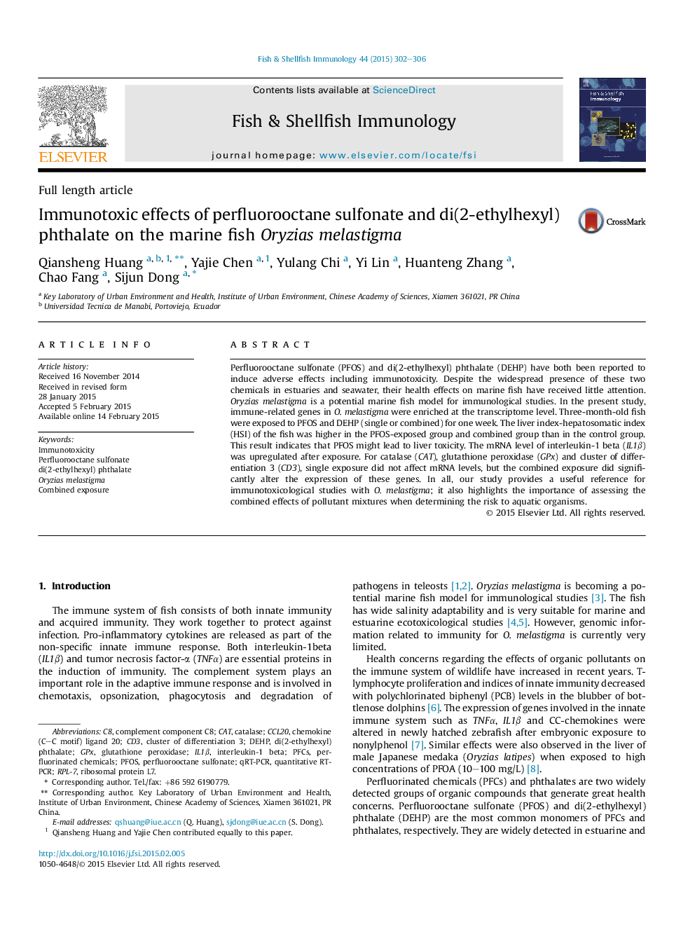 Immunotoxic effects of perfluorooctane sulfonate and di(2-ethylhexyl) phthalate on the marine fish Oryzias melastigma