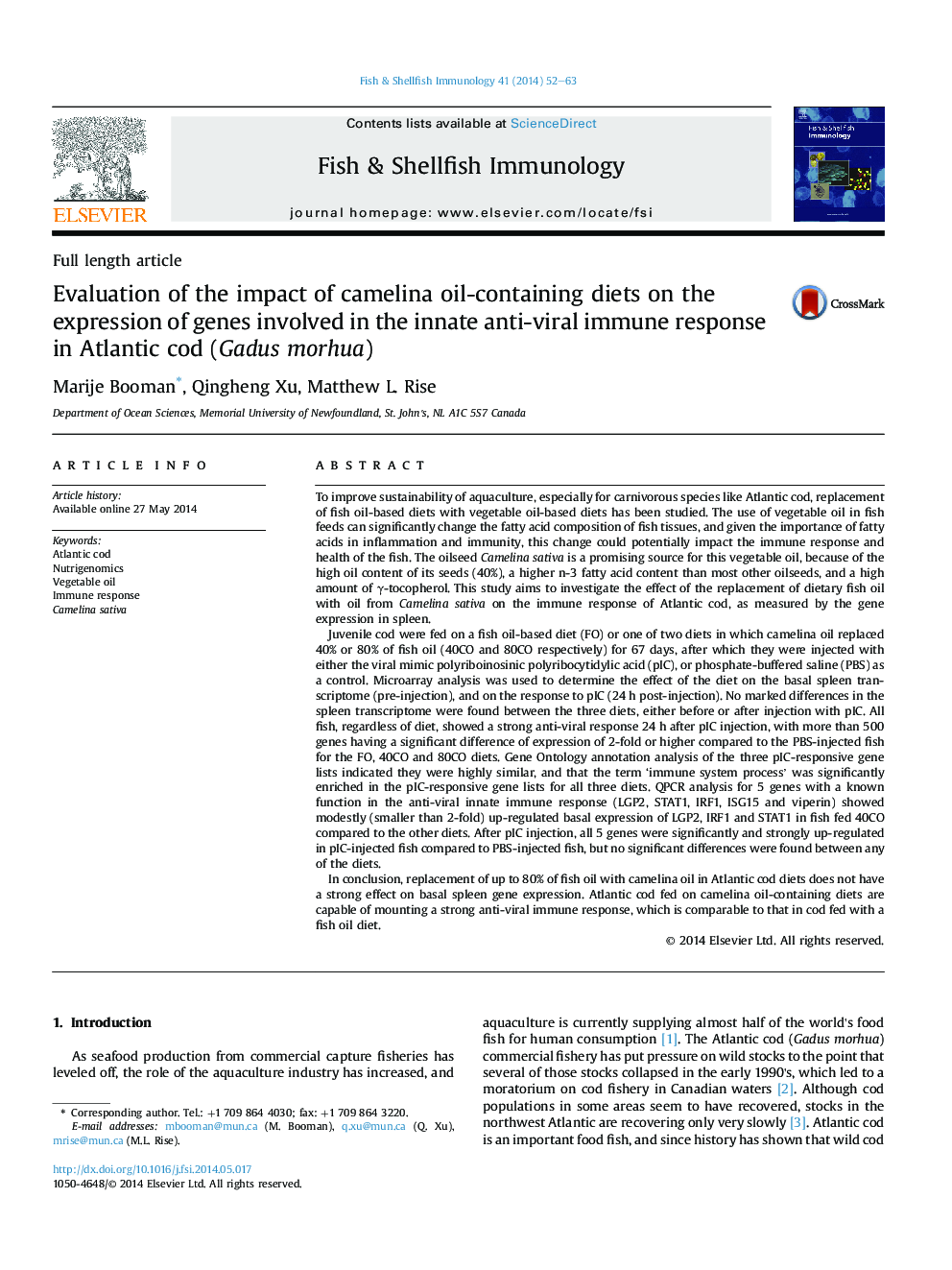 Evaluation of the impact of camelina oil-containing diets on the expression of genes involved in the innate anti-viral immune response in Atlantic cod (Gadus morhua)