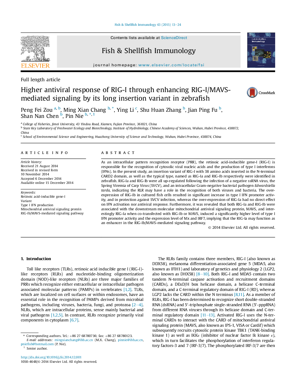 Higher antiviral response of RIG-I through enhancing RIG-I/MAVS-mediated signaling by its long insertion variant in zebrafish