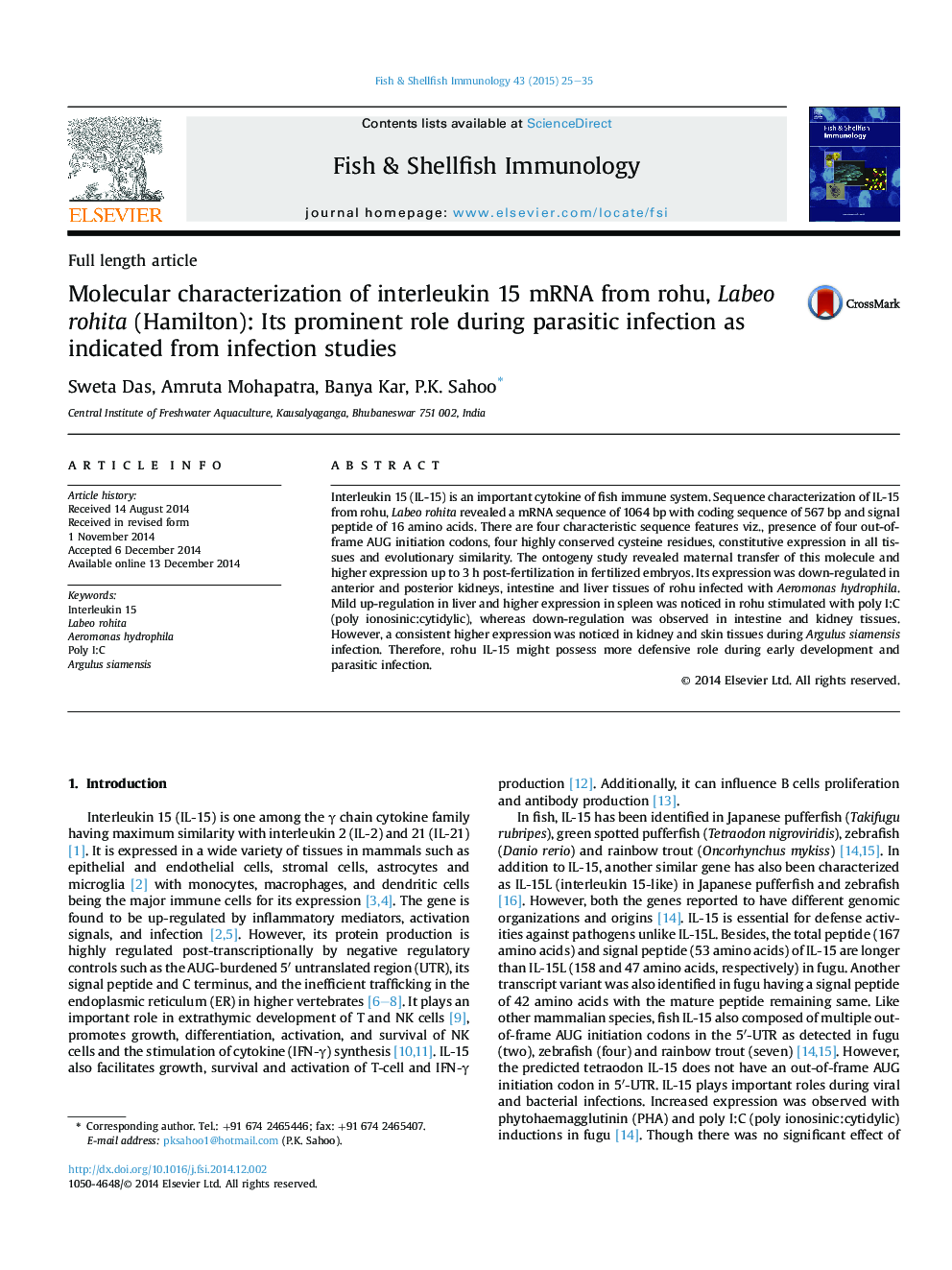 Molecular characterization of interleukin 15 mRNA from rohu, Labeo rohita (Hamilton): Its prominent role during parasitic infection as indicated from infection studies