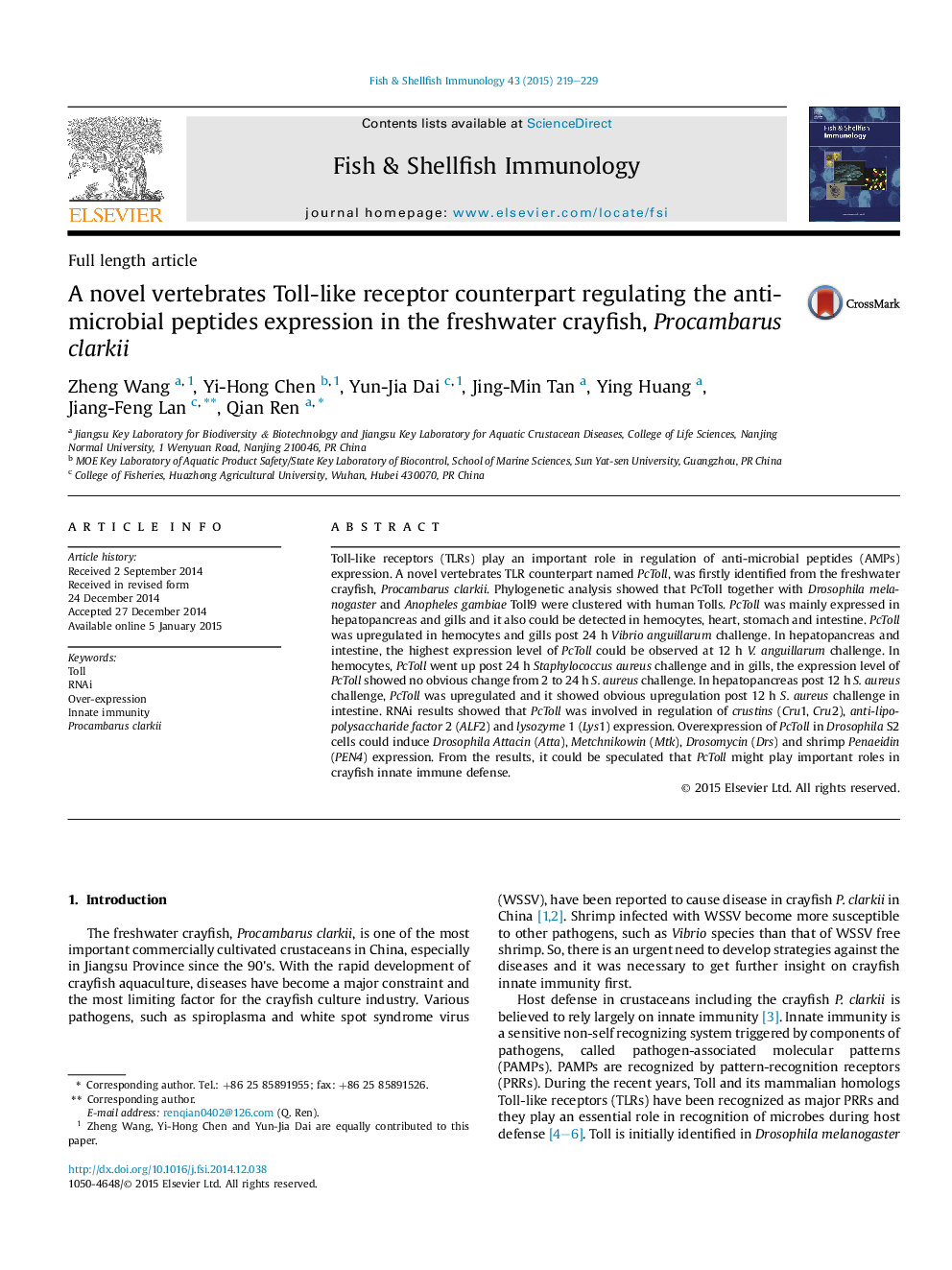 A novel vertebrates Toll-like receptor counterpart regulating the anti-microbial peptides expression in the freshwater crayfish, Procambarus clarkii