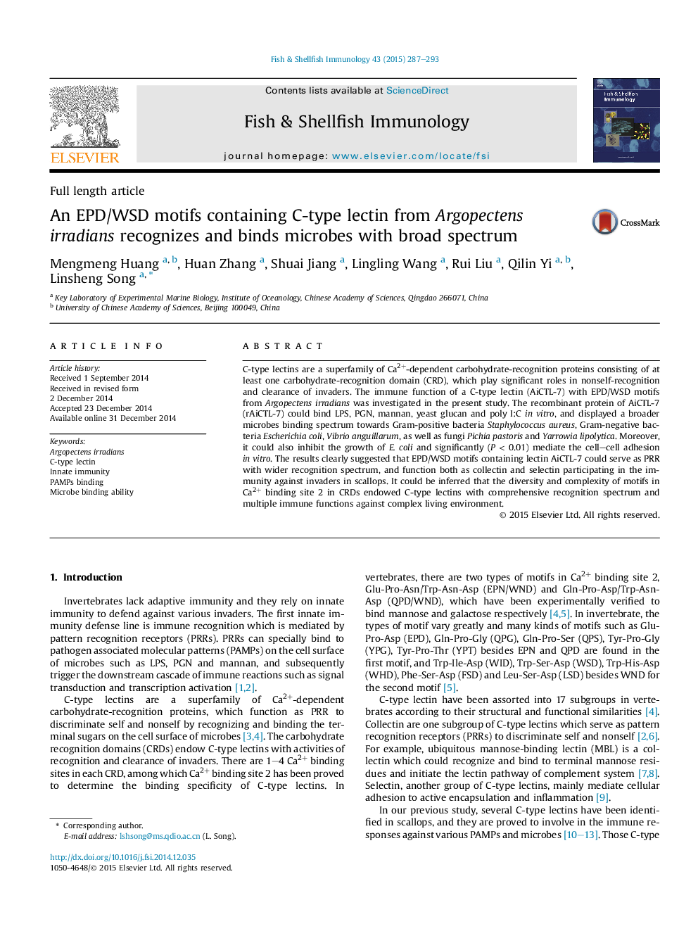 عکس صفحه اول مقاله: An EPD/WSD motifs containing C-type lectin from Argopectens irradians recognizes and binds microbes with broad spectrum An EPD/WSD motifs containing C-type lectin from Argopectens irradians recognizes and binds microbes with broad spectrum