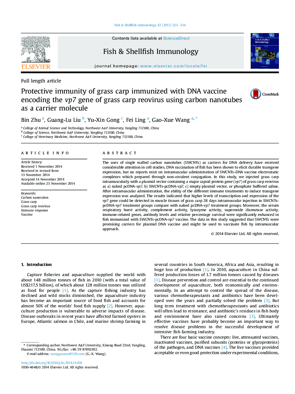 Protective immunity of grass carp immunized with DNA vaccine encoding the vp7 gene of grass carp reovirus using carbon nanotubes as a carrier molecule