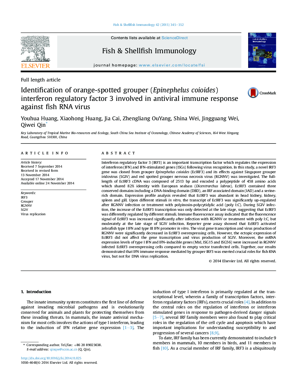 Identification of orange-spotted grouper (Epinephelus coioides) interferon regulatory factor 3 involved in antiviral immune response against fish RNA virus