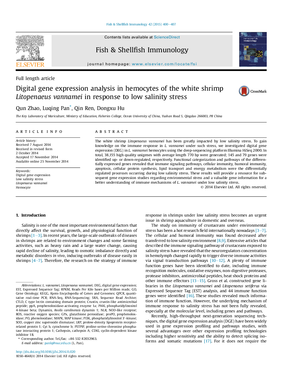 Digital gene expression analysis in hemocytes of the white shrimp Litopenaeus vannamei in response to low salinity stress