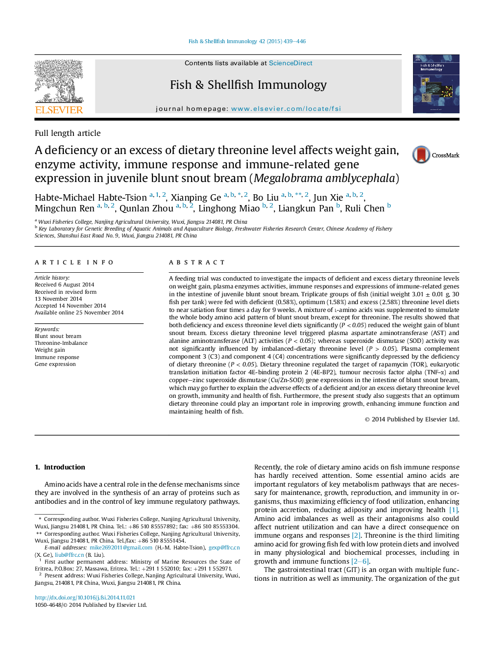 A deficiency or an excess of dietary threonine level affects weight gain, enzyme activity, immune response and immune-related gene expression in juvenile blunt snout bream (Megalobrama amblycephala)