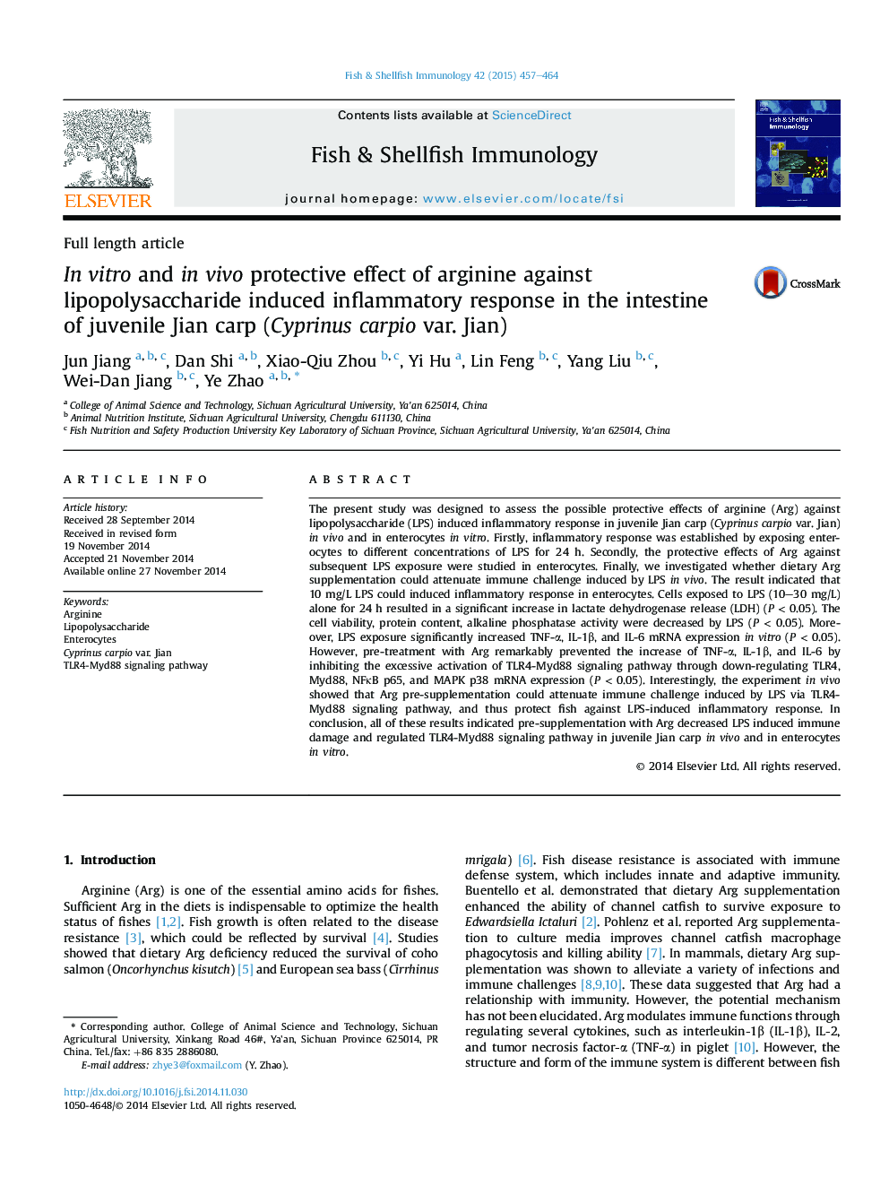 In vitro and in vivo protective effect of arginine against lipopolysaccharide induced inflammatory response in the intestine of juvenile Jian carp (Cyprinus carpio var. Jian)