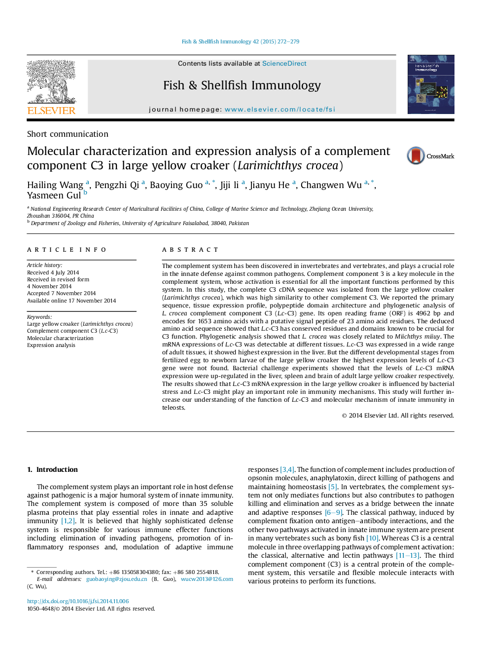 Molecular characterization and expression analysis of a complement component C3 in large yellow croaker (Larimichthys crocea)