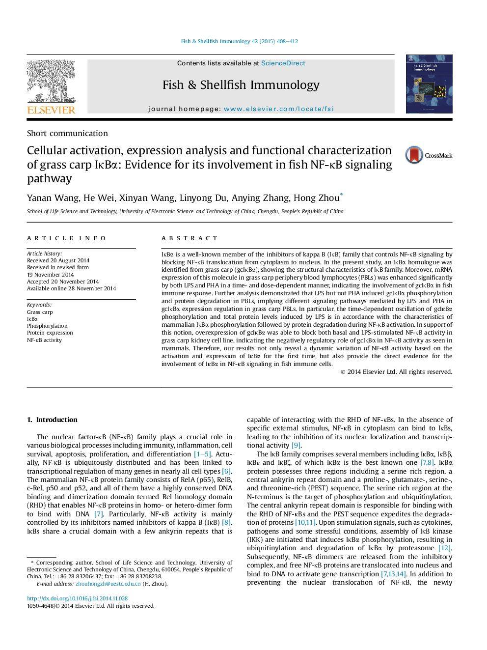 Cellular activation, expression analysis and functional characterization of grass carp IκBα: Evidence for its involvement in fish NF-κB signaling pathway