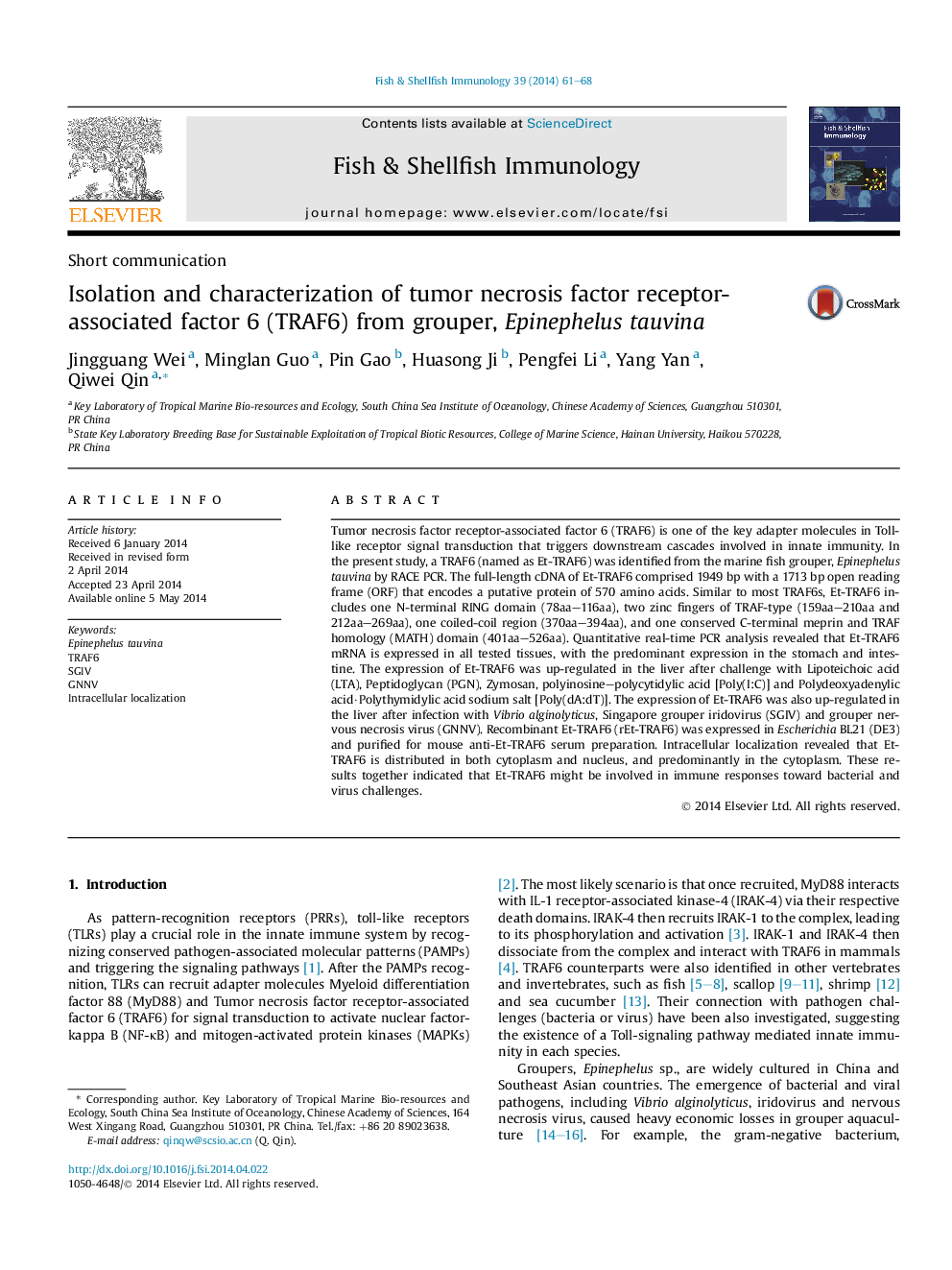 Isolation and characterization of tumor necrosis factor receptor-associated factor 6 (TRAF6) from grouper, Epinephelus tauvina