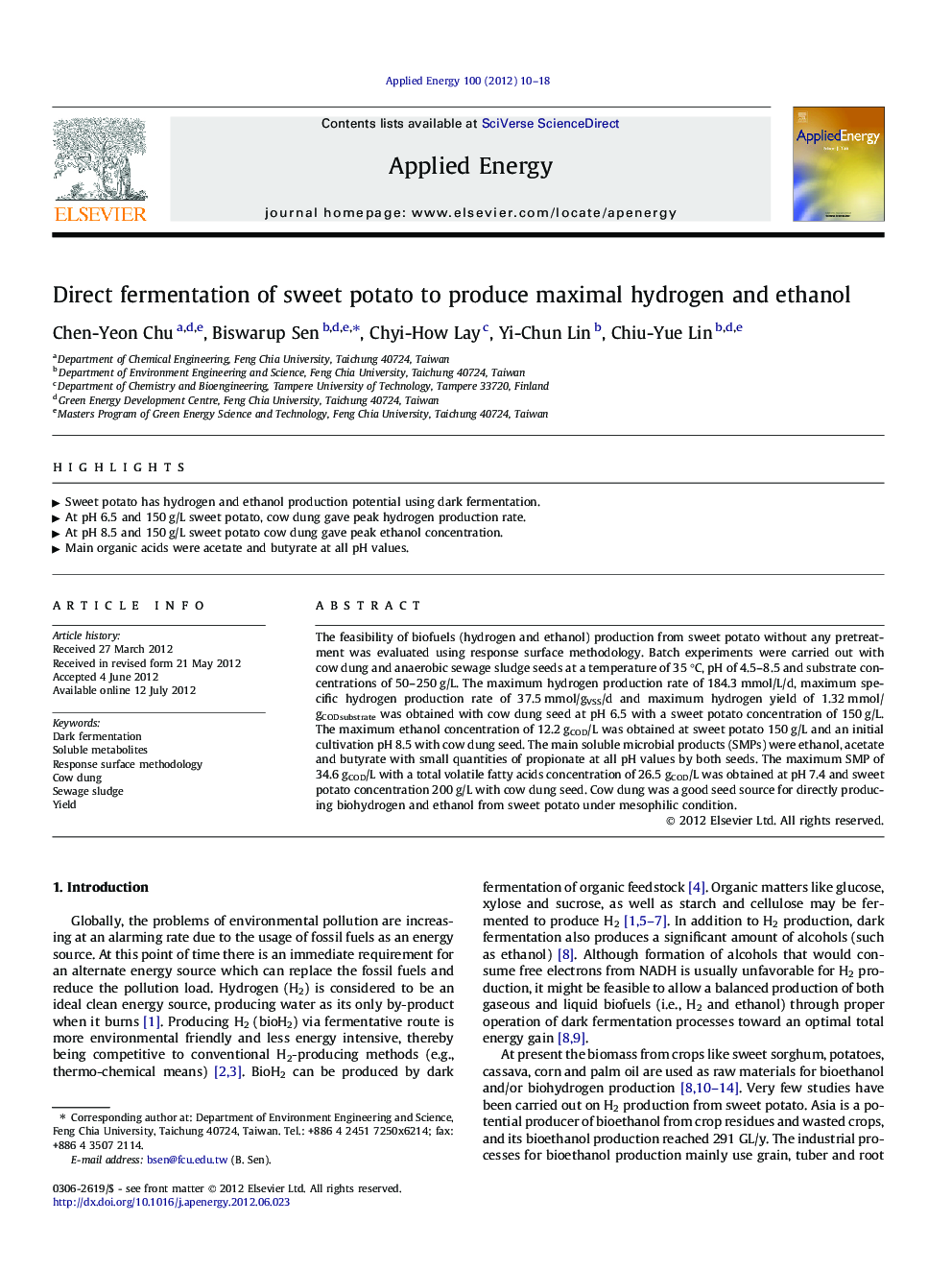 Direct fermentation of sweet potato to produce maximal hydrogen and ethanol