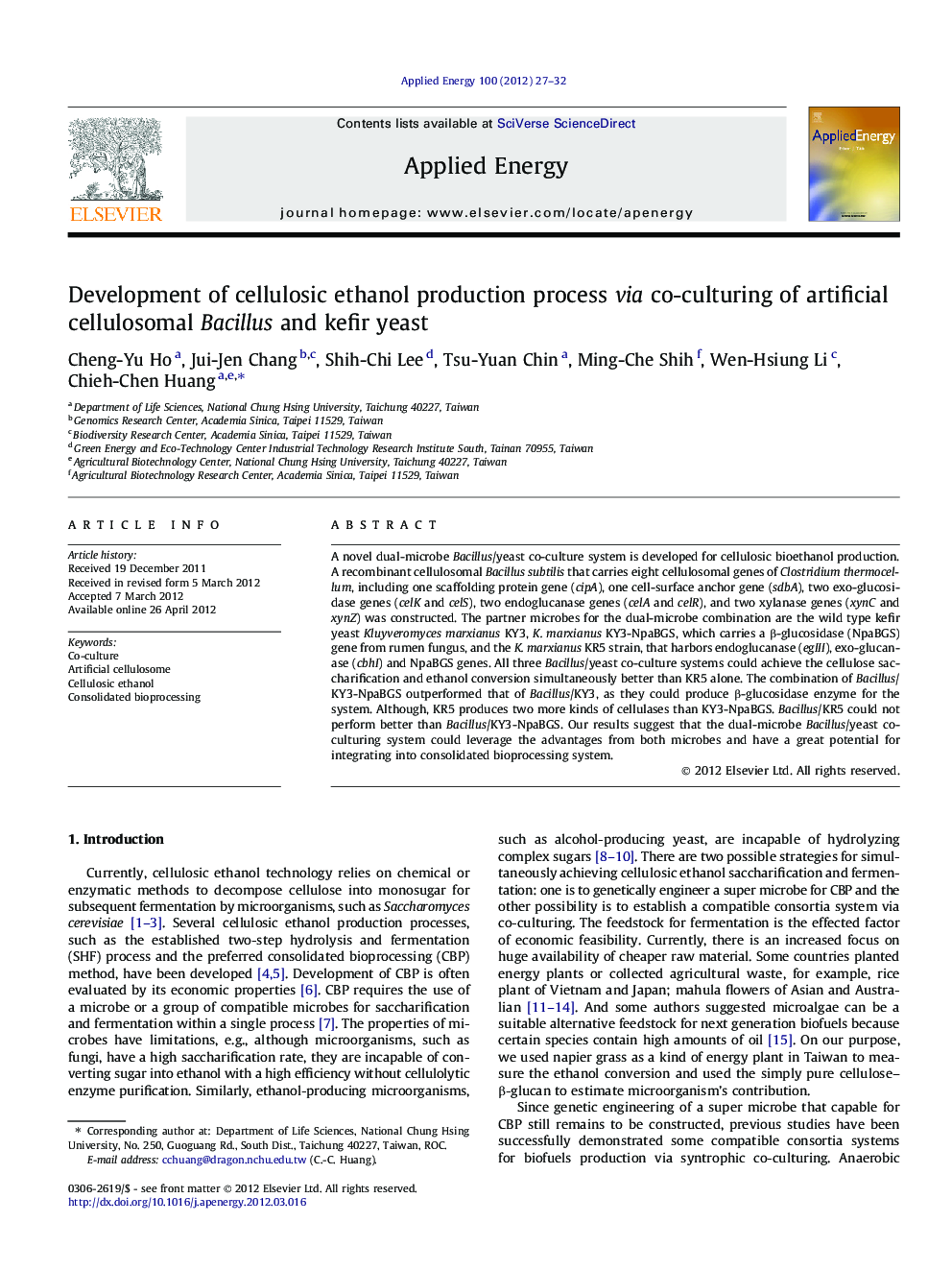 Development of cellulosic ethanol production process via co-culturing of artificial cellulosomal Bacillus and kefir yeast