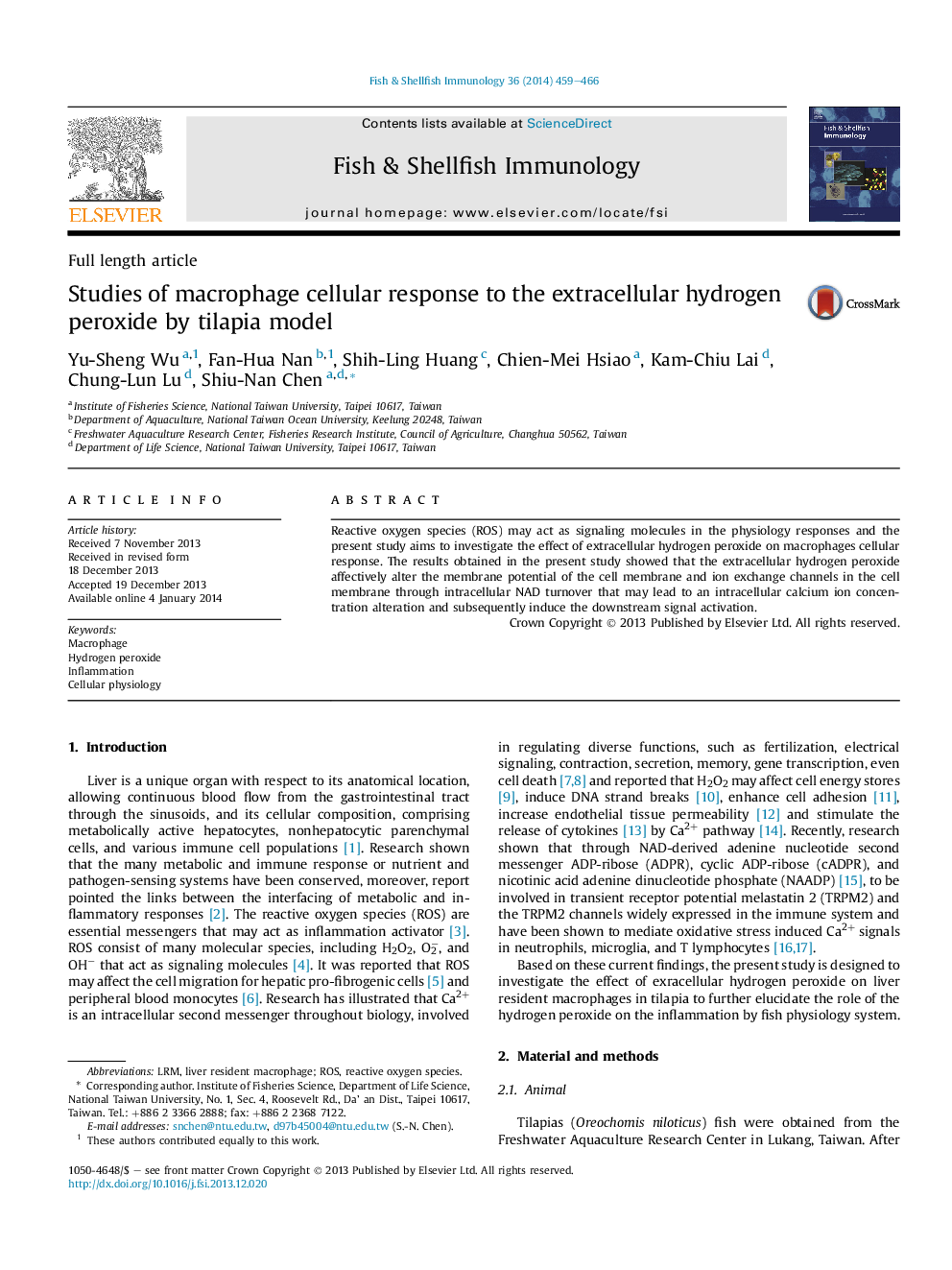 Studies of macrophage cellular response to the extracellular hydrogen peroxide by tilapia model