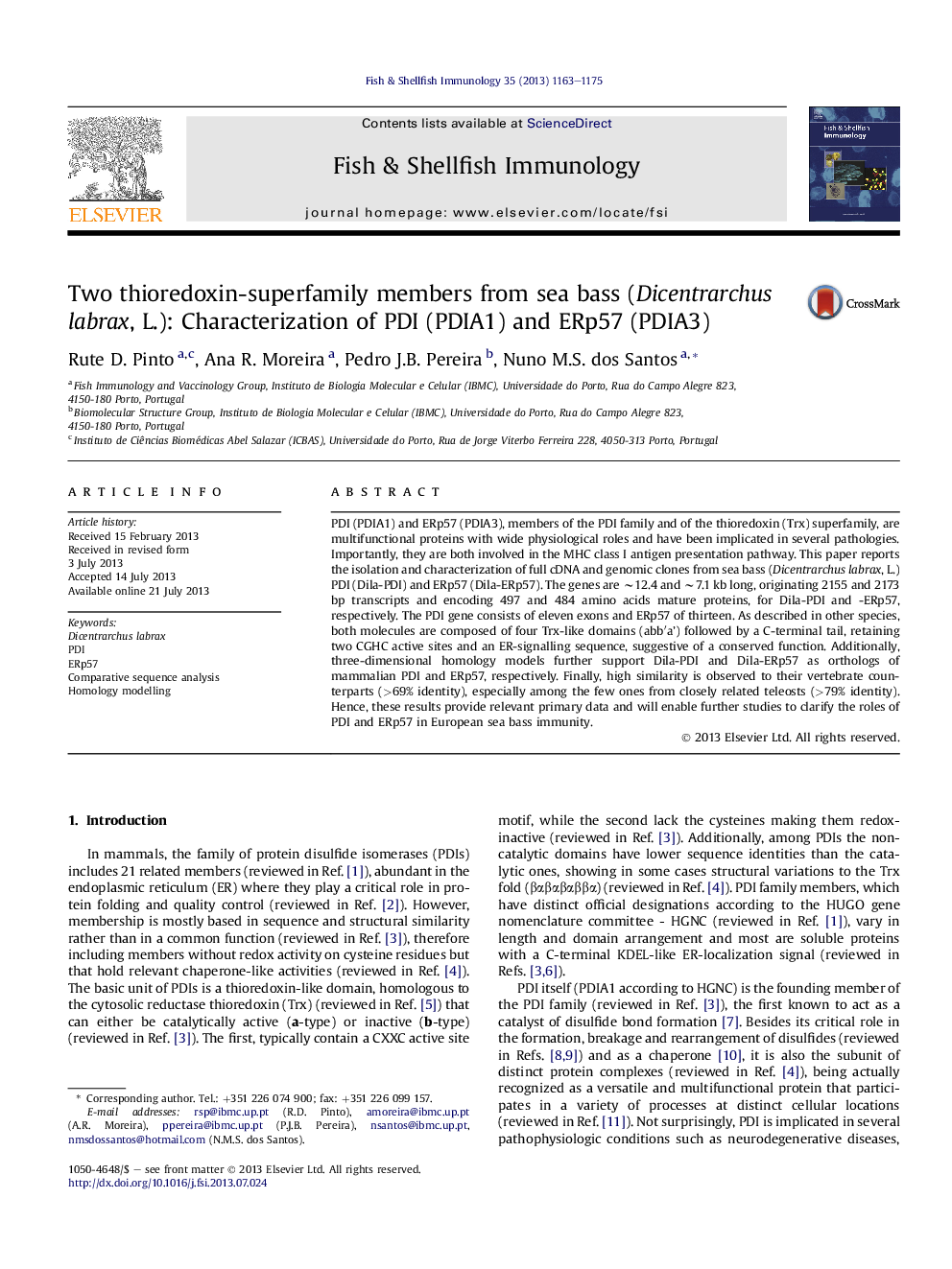 Two thioredoxin-superfamily members from sea bass (Dicentrarchus labrax, L.): Characterization of PDI (PDIA1) and ERp57 (PDIA3)