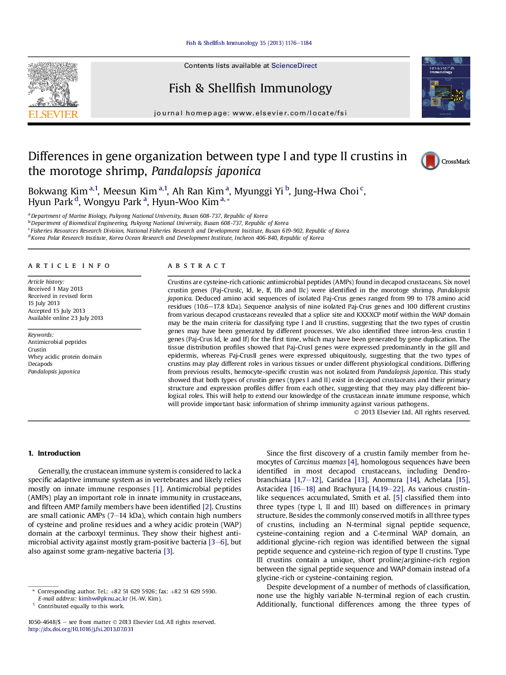 Differences in gene organization between type I and type II crustins in the morotoge shrimp, Pandalopsis japonica