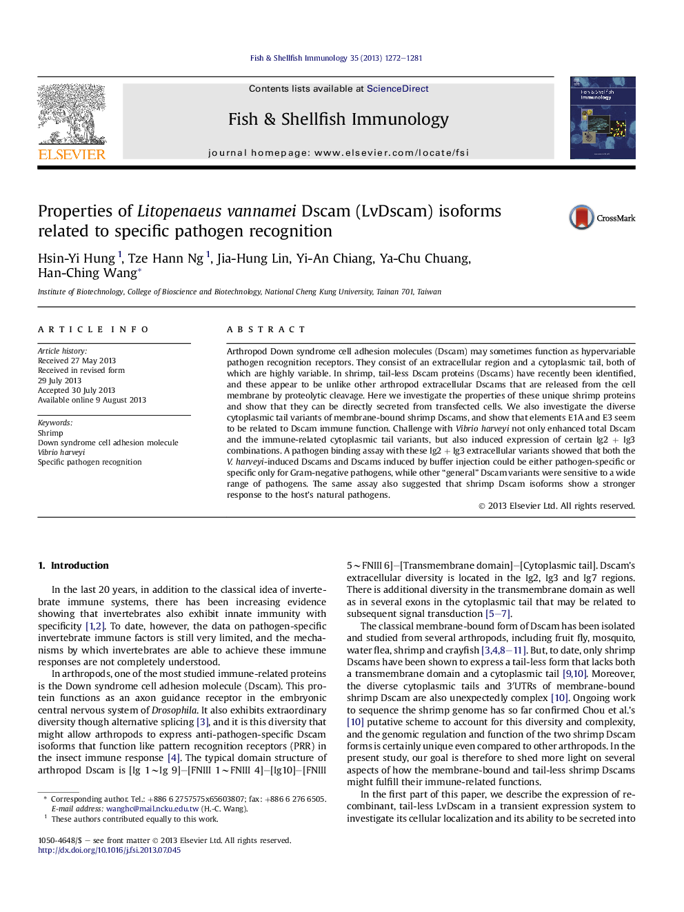 Properties of Litopenaeus vannamei Dscam (LvDscam) isoforms related to specific pathogen recognition