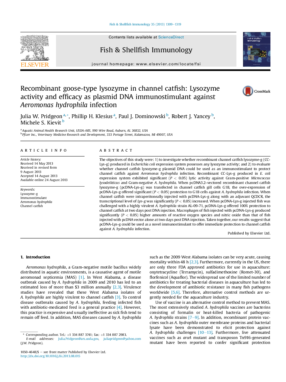 Recombinant goose-type lysozyme in channel catfish: Lysozyme activity and efficacy as plasmid DNA immunostimulant against Aeromonas hydrophila infection