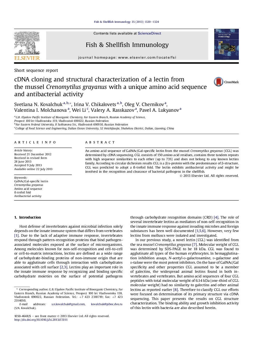 cDNA cloning and structural characterization of a lectin from the mussel Crenomytilus grayanus with a unique amino acid sequence and antibacterial activity