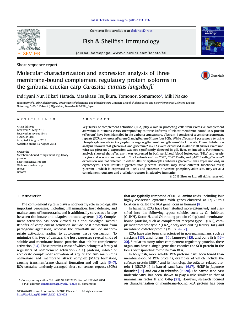 Molecular characterization and expression analysis of three membrane-bound complement regulatory protein isoforms in the ginbuna crucian carp Carassius auratus langsdorfii