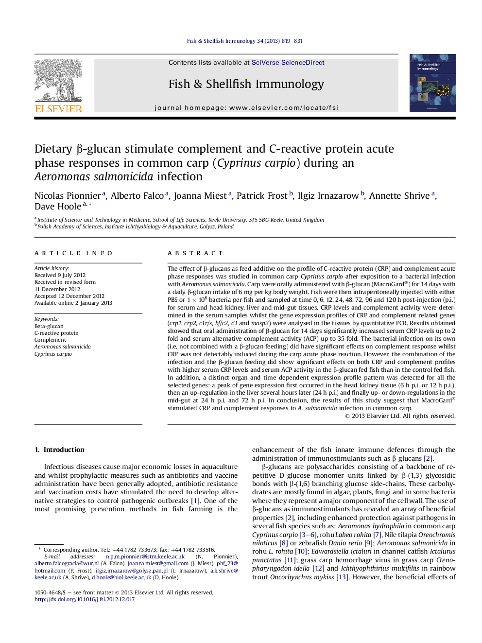 Dietary β-glucan stimulate complement and C-reactive protein acute phase responses in common carp (Cyprinus carpio) during an Aeromonas salmonicida infection