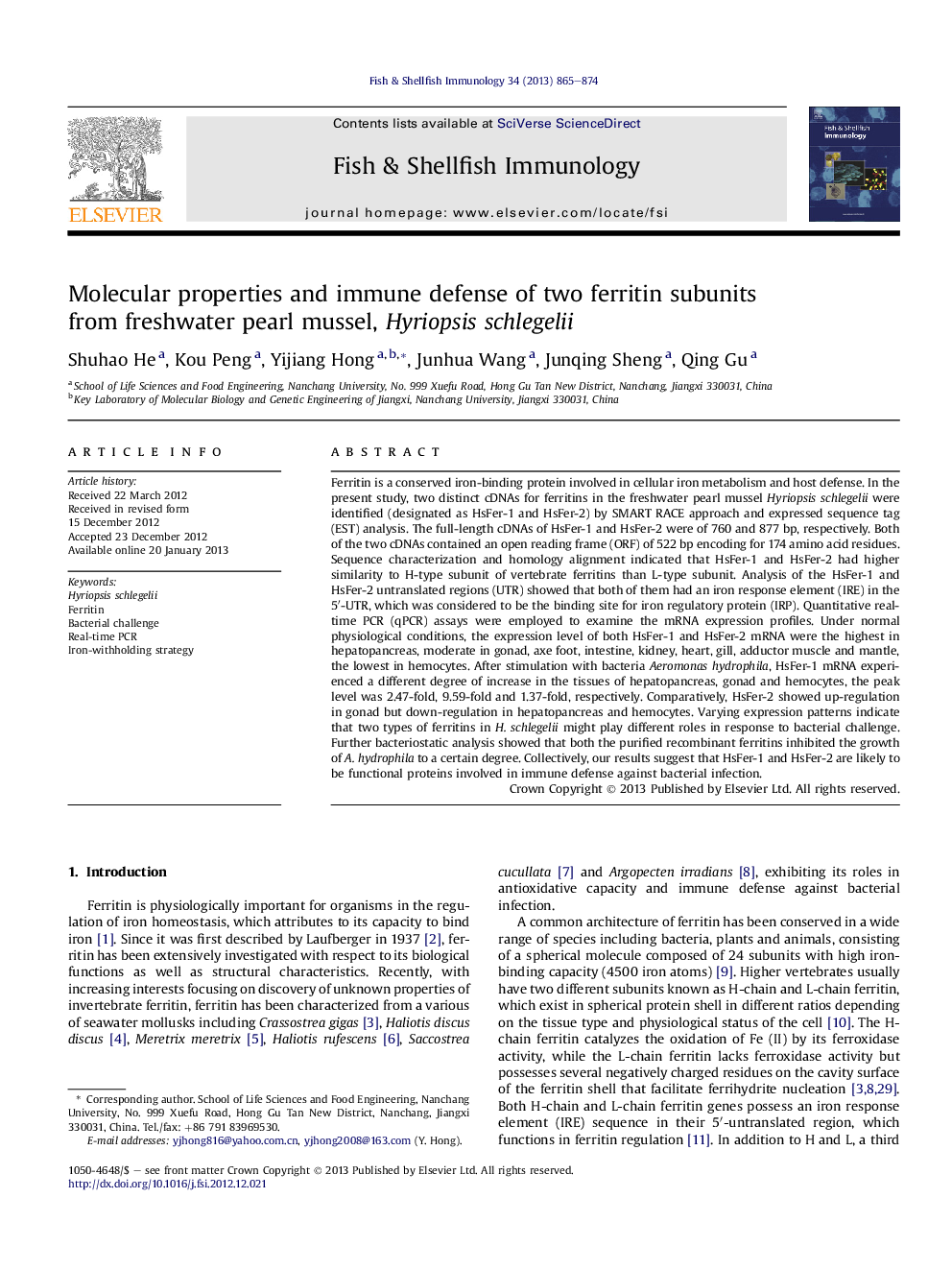 Molecular properties and immune defense of two ferritin subunits from freshwater pearl mussel, Hyriopsis schlegelii