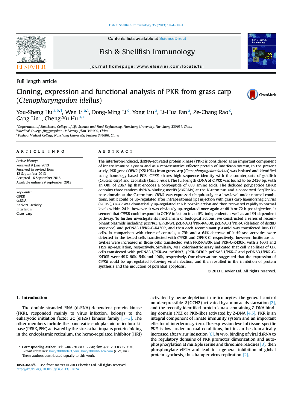 Cloning, expression and functional analysis of PKR from grass carp (Ctenopharyngodon idellus)