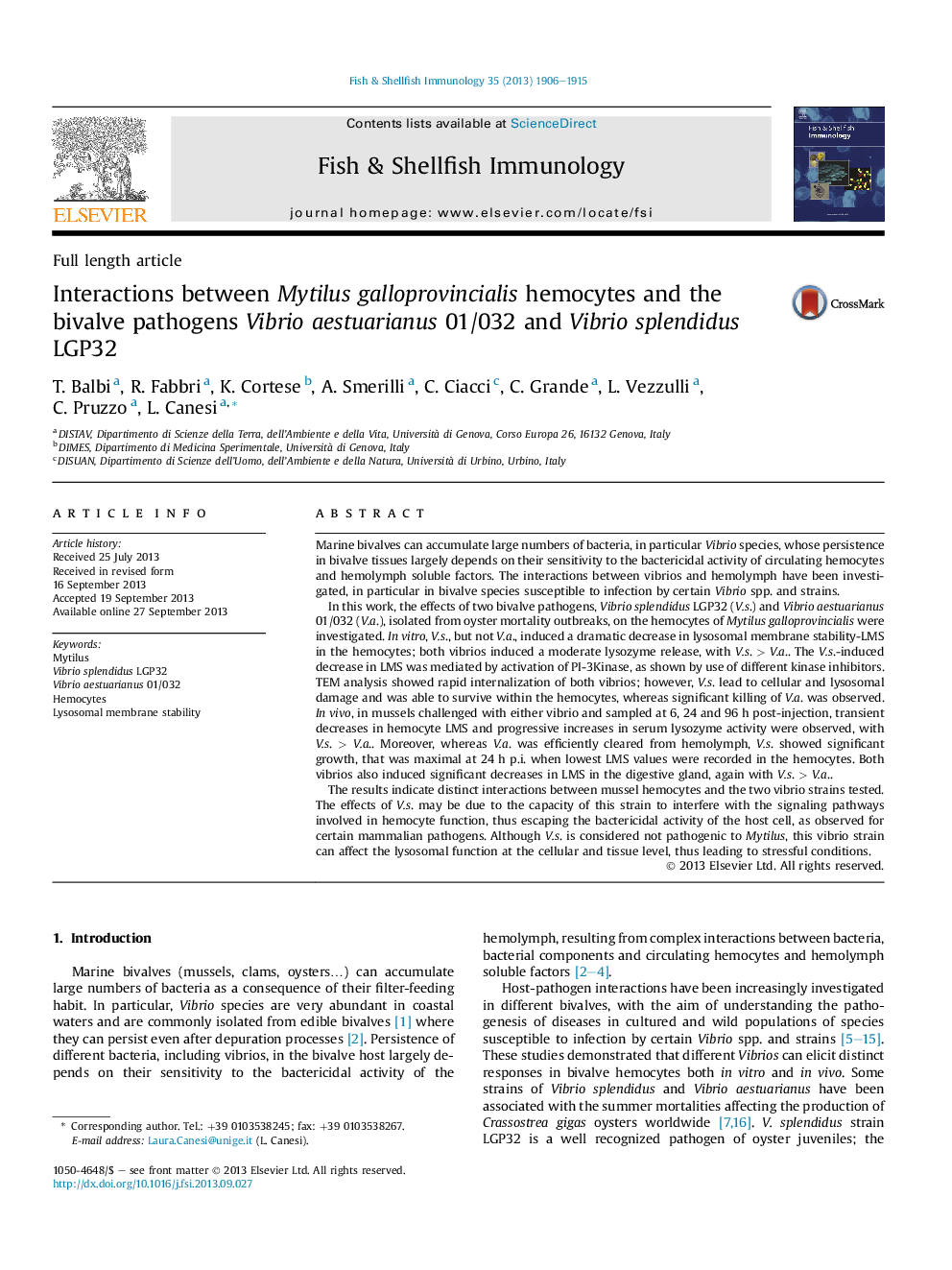 Interactions between Mytilus galloprovincialis hemocytes and the bivalve pathogens Vibrio aestuarianus 01/032 and Vibrio splendidus LGP32