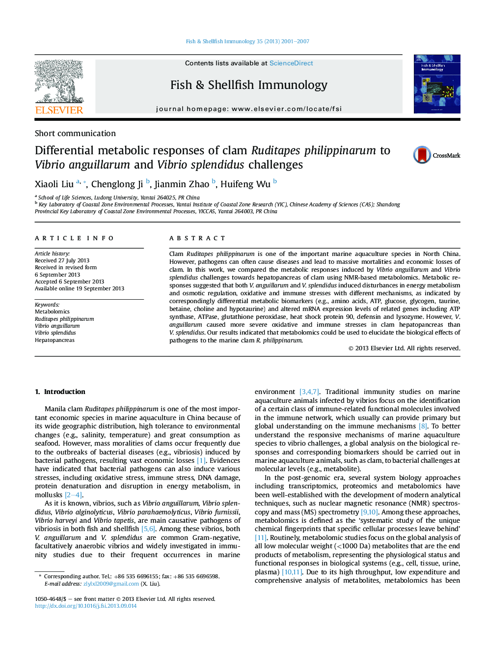 Differential metabolic responses of clam Ruditapes philippinarum to Vibrio anguillarum and Vibrio splendidus challenges