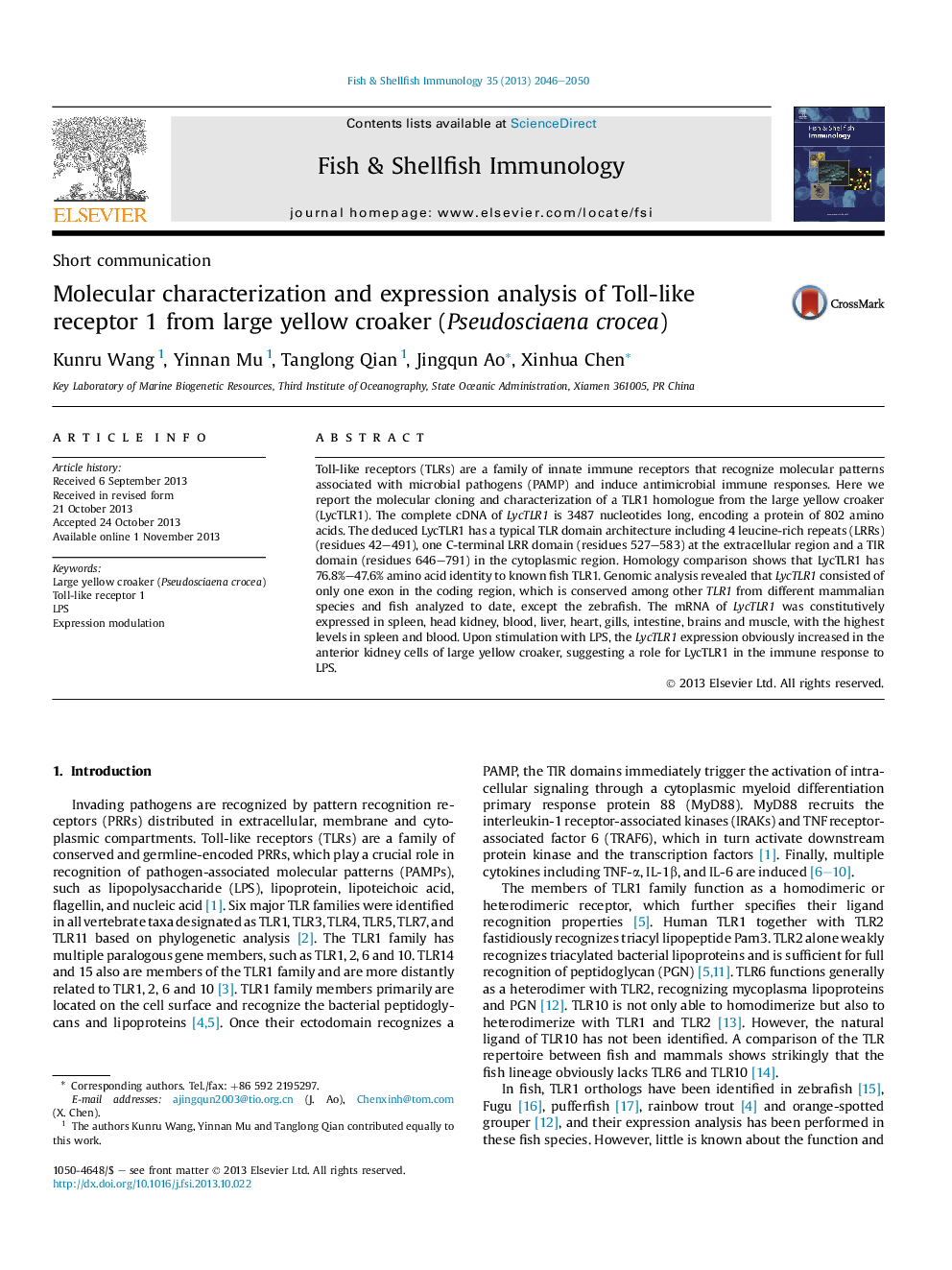 Molecular characterization and expression analysis of Toll-like receptor 1 from large yellow croaker (Pseudosciaena crocea)