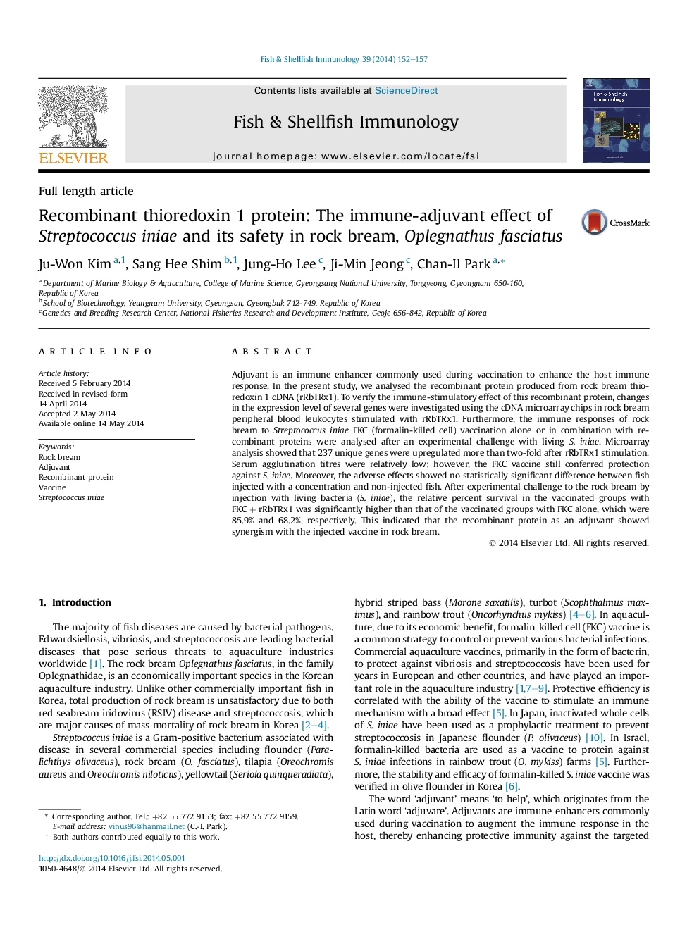 Recombinant thioredoxin 1 protein: The immune-adjuvant effect of Streptococcus iniae and its safety in rock bream, Oplegnathus fasciatus