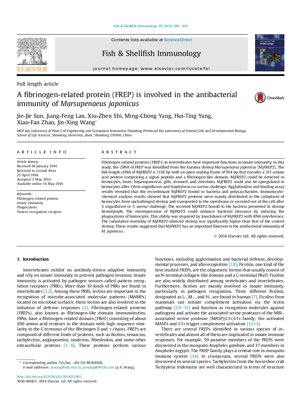 A fibrinogen-related protein (FREP) is involved in the antibacterial immunity of Marsupenaeus japonicus