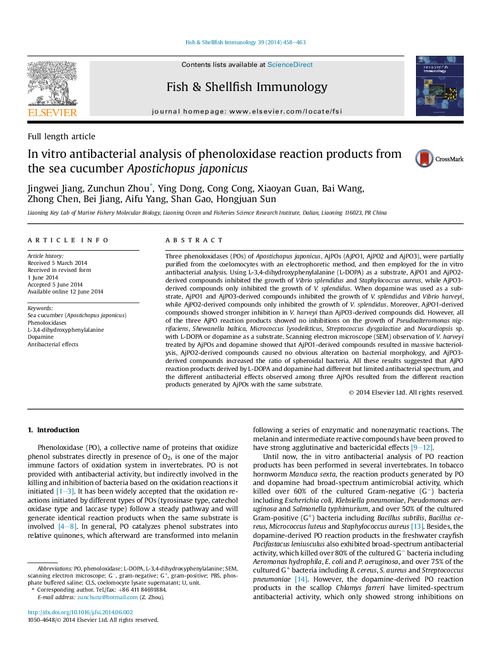 In vitro antibacterial analysis of phenoloxidase reaction products from the sea cucumber Apostichopus japonicus