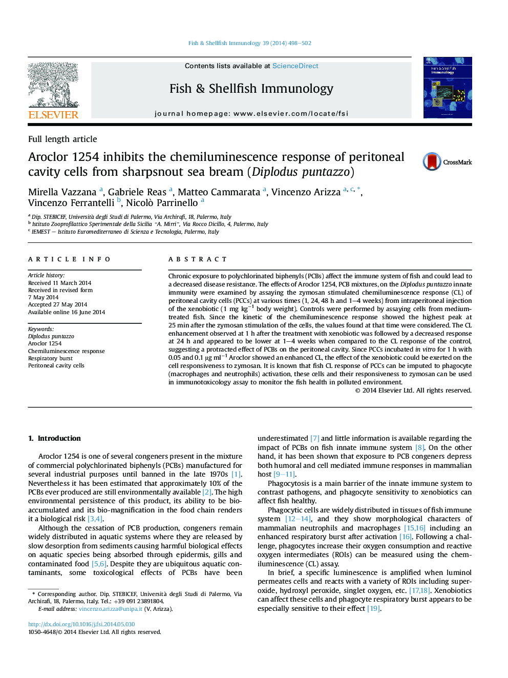 Aroclor 1254 inhibits the chemiluminescence response of peritoneal cavity cells from sharpsnout sea bream (Diplodus puntazzo)