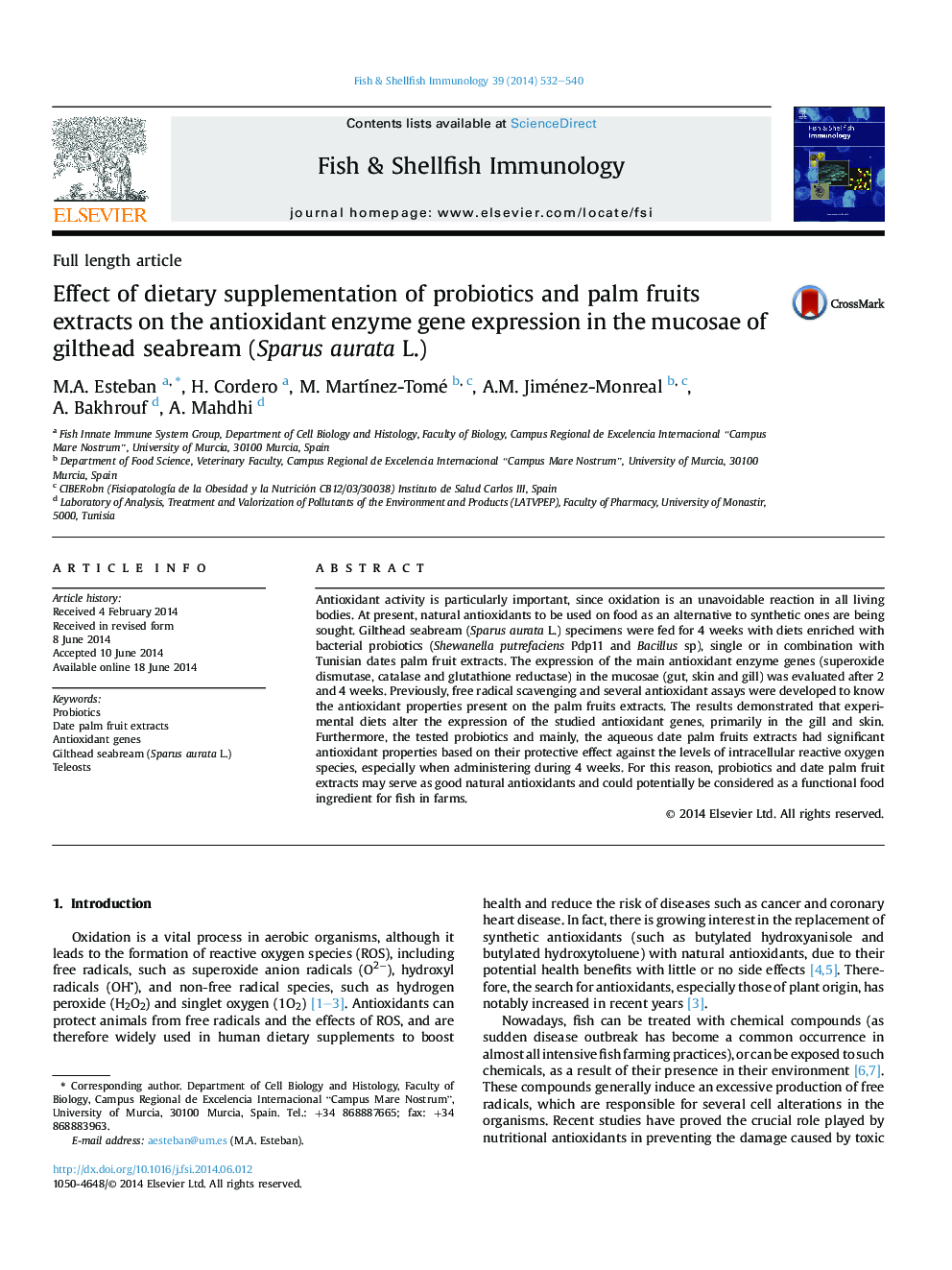 Effect of dietary supplementation of probiotics and palm fruits extracts on the antioxidant enzyme gene expression in the mucosae of gilthead seabream (Sparus aurata L.)