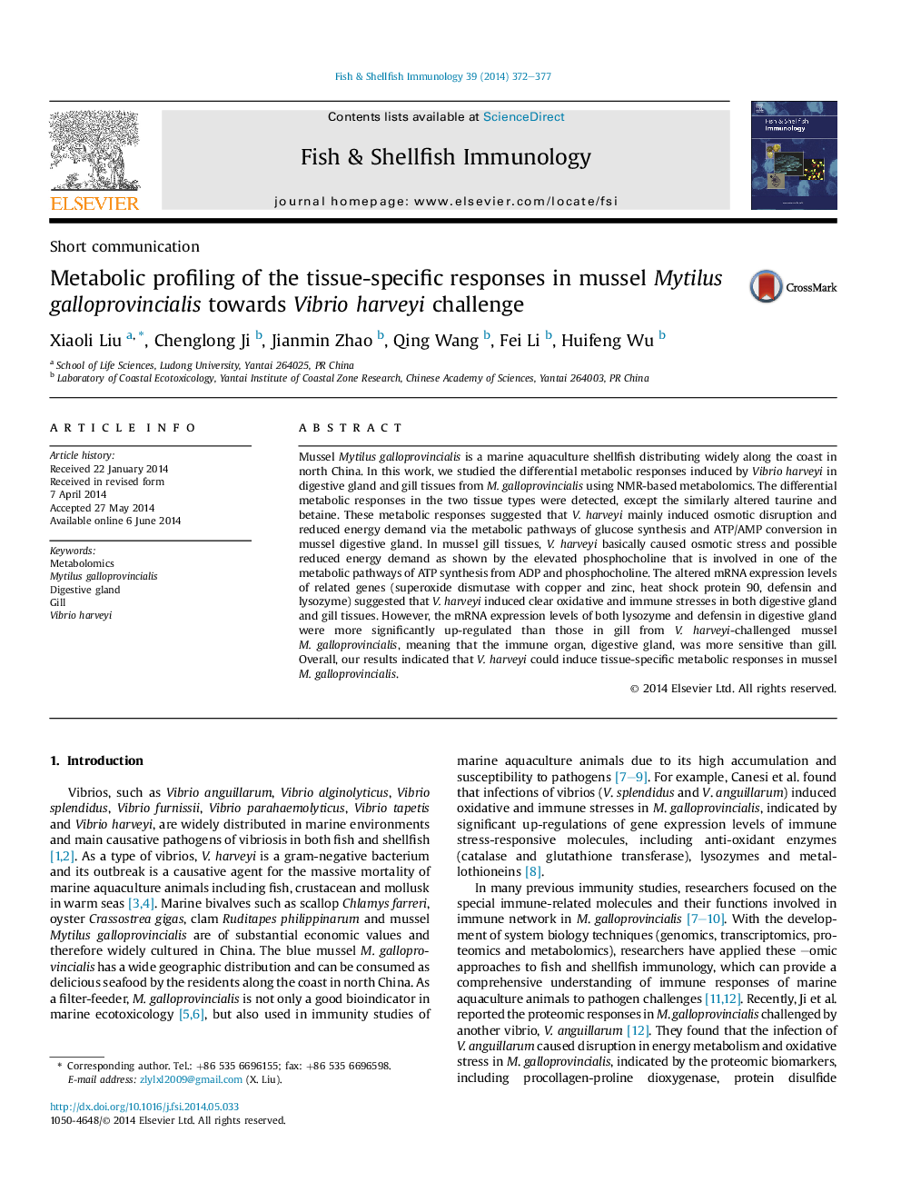 Metabolic profiling of the tissue-specific responses in mussel Mytilus galloprovincialis towards Vibrio harveyi challenge