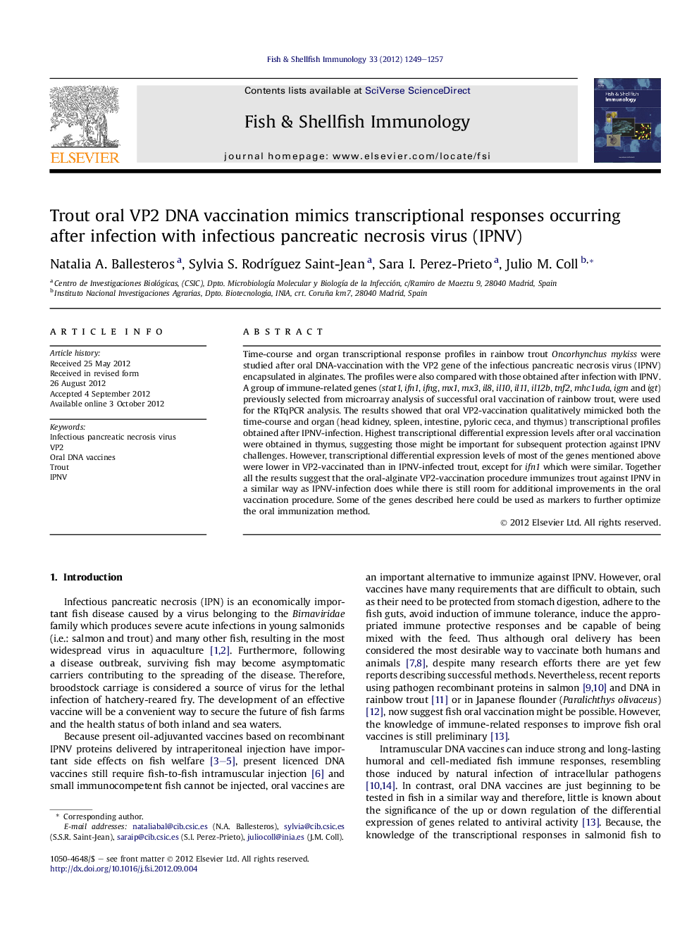 Trout oral VP2 DNA vaccination mimics transcriptional responses occurring after infection with infectious pancreatic necrosis virus (IPNV)