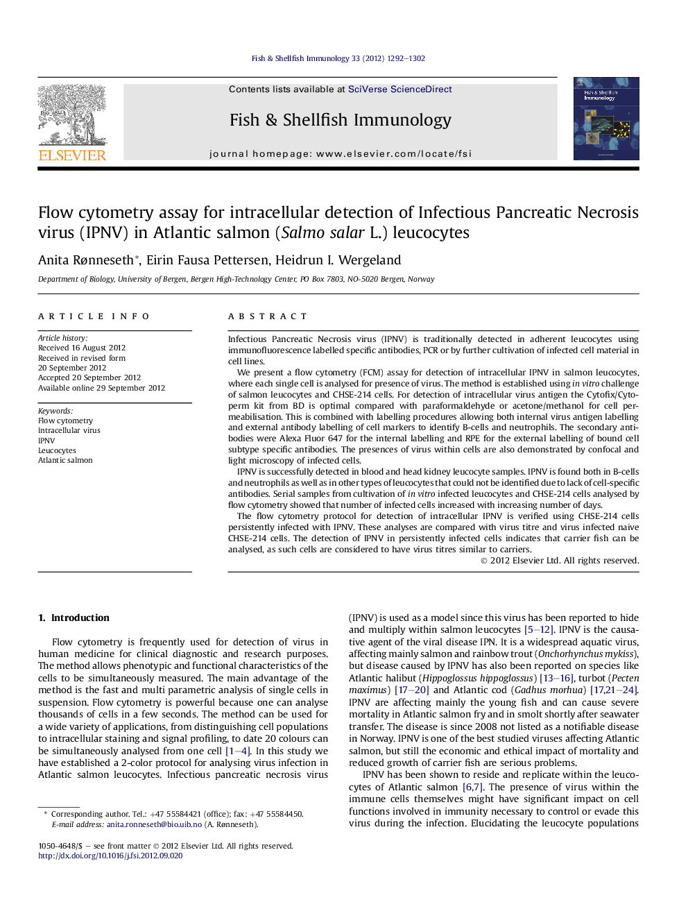 Flow cytometry assay for intracellular detection of Infectious Pancreatic Necrosis virus (IPNV) in Atlantic salmon (Salmo salar L.) leucocytes