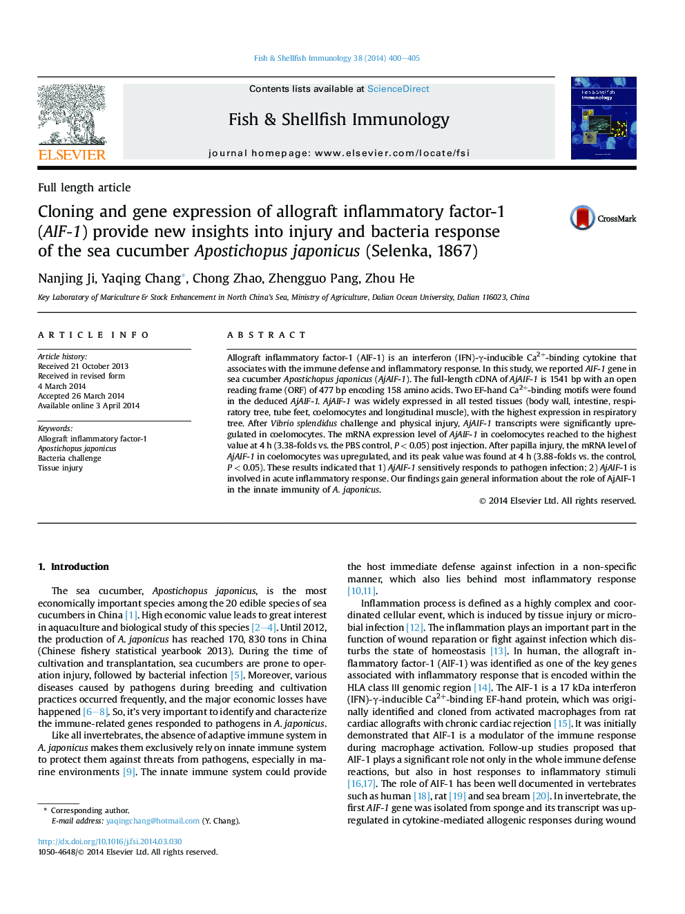 Cloning and gene expression of allograft inflammatory factor-1 (AIF-1) provide new insights into injury and bacteria response of the sea cucumber Apostichopus japonicus (Selenka, 1867)