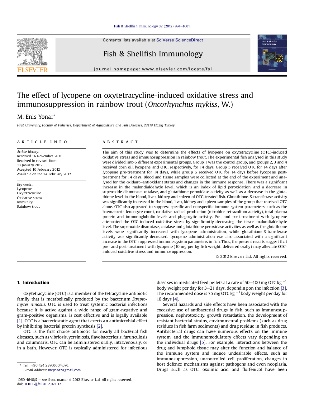 The effect of lycopene on oxytetracycline-induced oxidative stress and immunosuppression in rainbow trout (Oncorhynchus mykiss, W.)