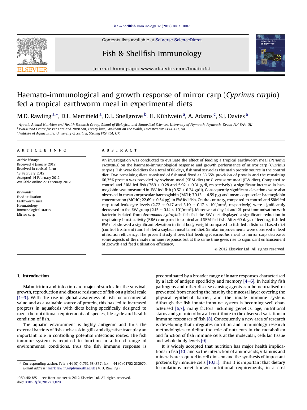 Haemato-immunological and growth response of mirror carp (Cyprinus carpio) fed a tropical earthworm meal in experimental diets