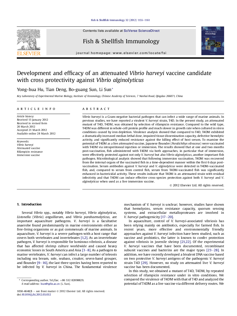 Development and efficacy of an attenuated Vibrio harveyi vaccine candidate with cross protectivity against Vibrio alginolyticus