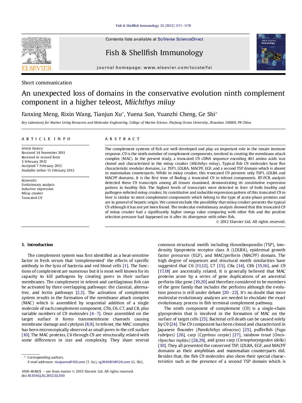 An unexpected loss of domains in the conservative evolution ninth complement component in a higher teleost, Miichthys miiuy