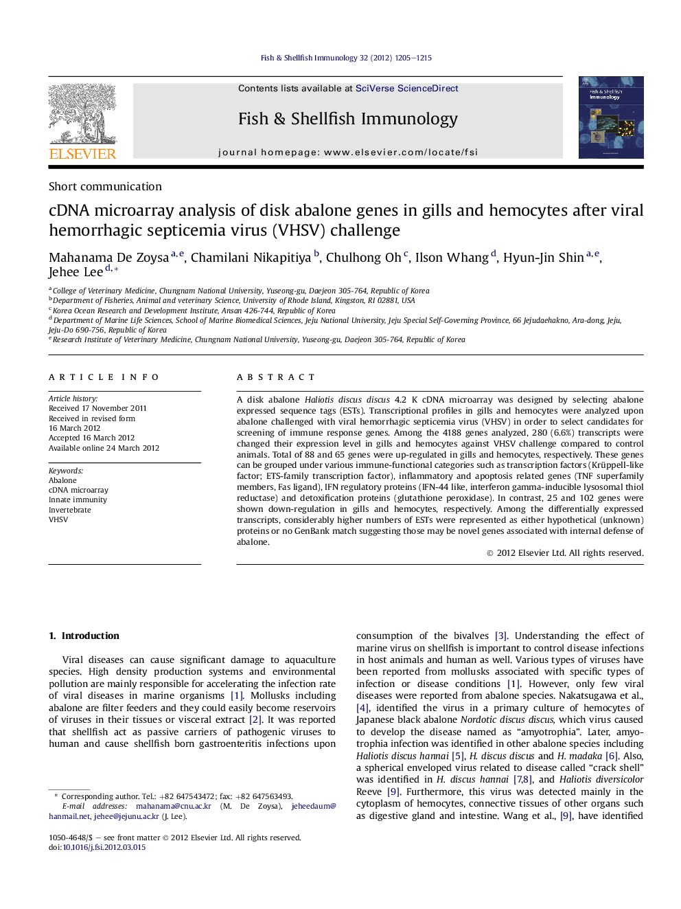 cDNA microarray analysis of disk abalone genes in gills and hemocytes after viral hemorrhagic septicemia virus (VHSV) challenge